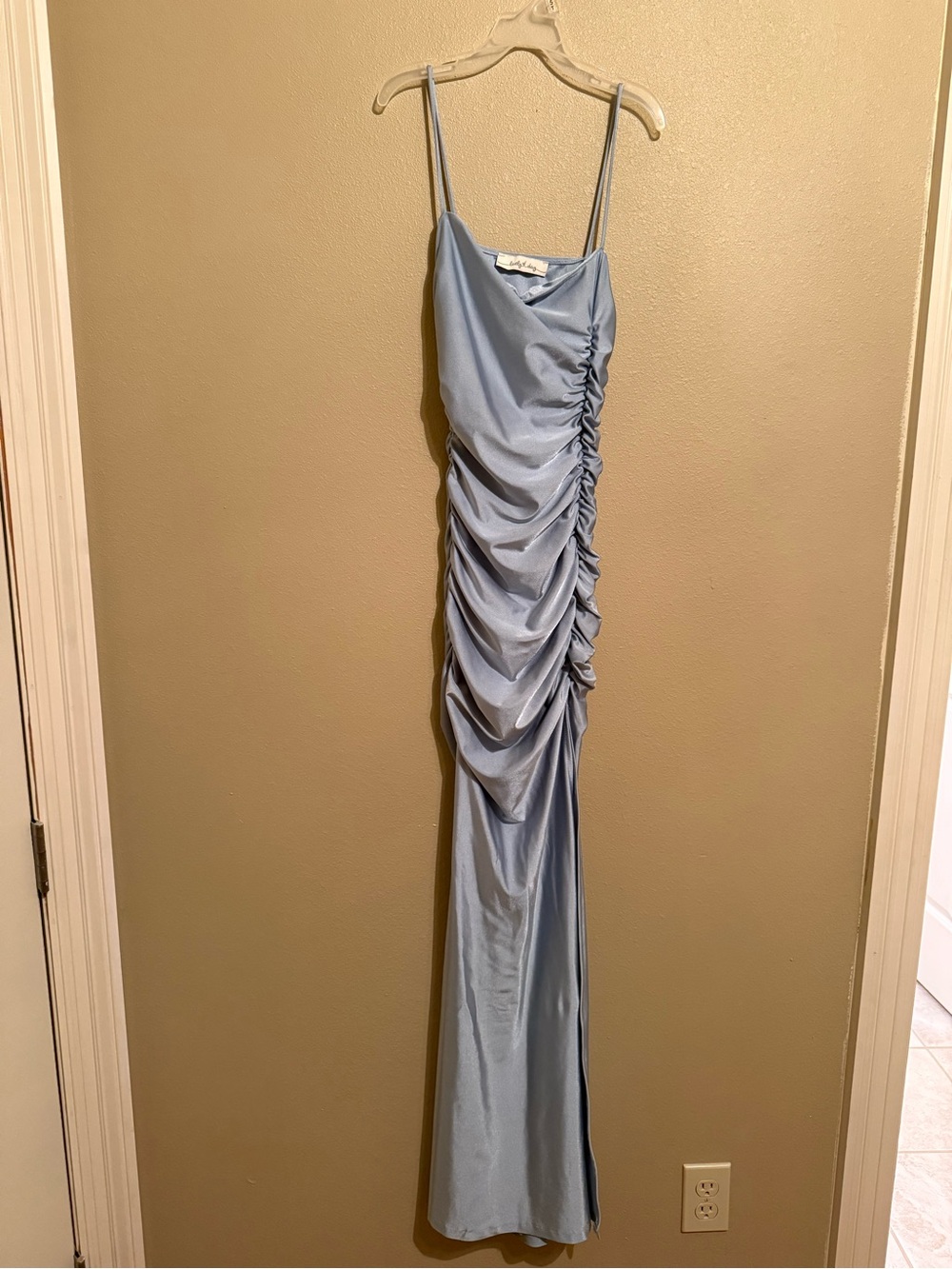 Lovely Day Dusty Blue Satin Ruched Spaghetti Strap Maxi Dress